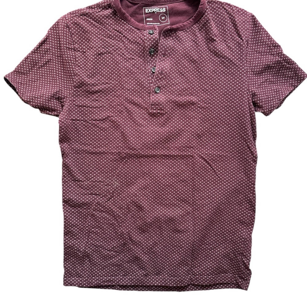 Express Men's Maroon Patterned Henley Tee - Small